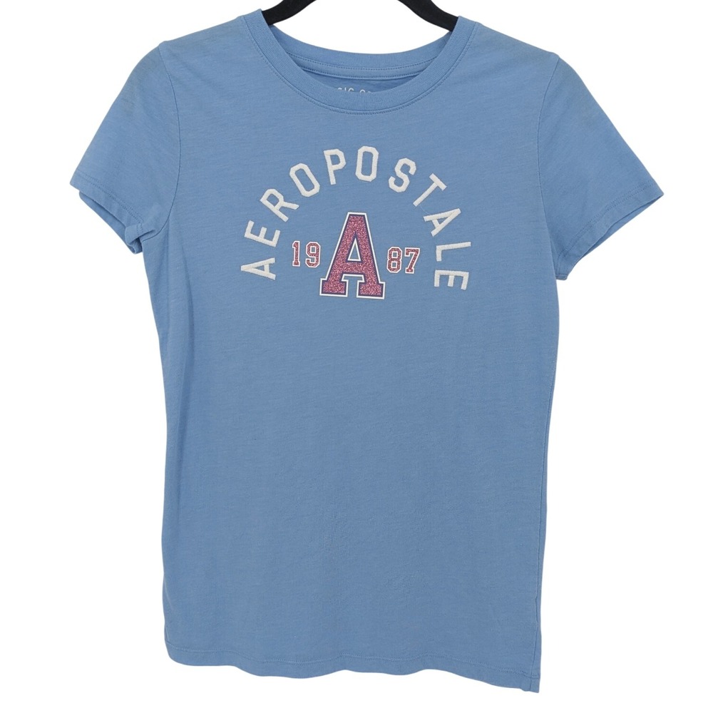 Aeropostale T Shirt Womens Medium Blue Classic Crew Embroidered Logo Tee Top Y2K